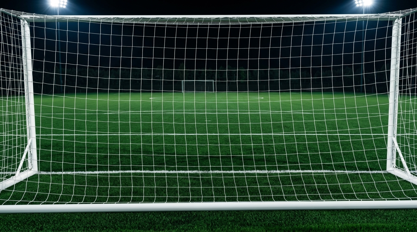 Football pitch view from behind goal net